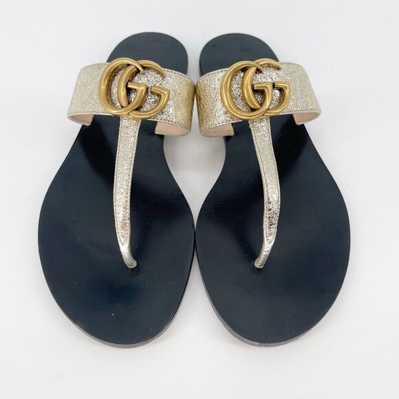 Gucci Gold Metallic Marmont GG Double G Thong Flip Flop Flat Sandal size EU 36.5 - Picture 3 of 12